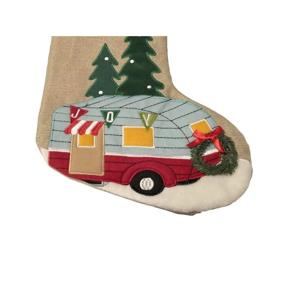Christmas Stocking Camper RV Tree Wreath Buffalo Check Embroidered Camp Cabin